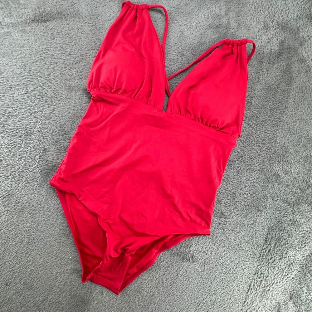 Sunn Lab Swim Mens Red V-Neck Strappy Back‎ One Piece Swimsuit AB535 NWT L